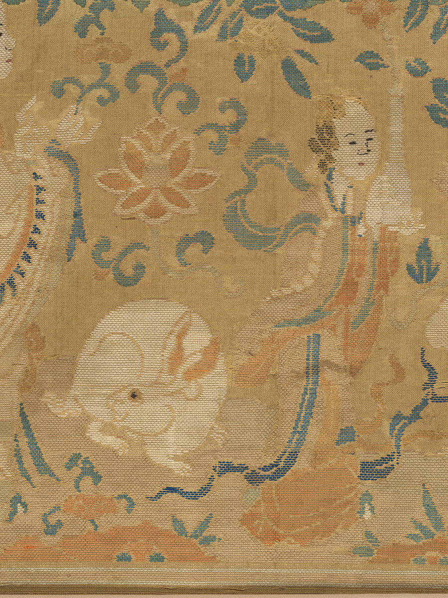 Panel with the moon goddess and attendants, Plain weave silk brocaded with metal thread, China