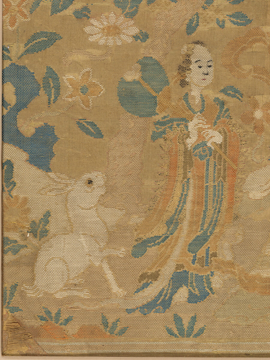 Panel with the moon goddess and attendants, Plain weave silk brocaded with metal thread, China