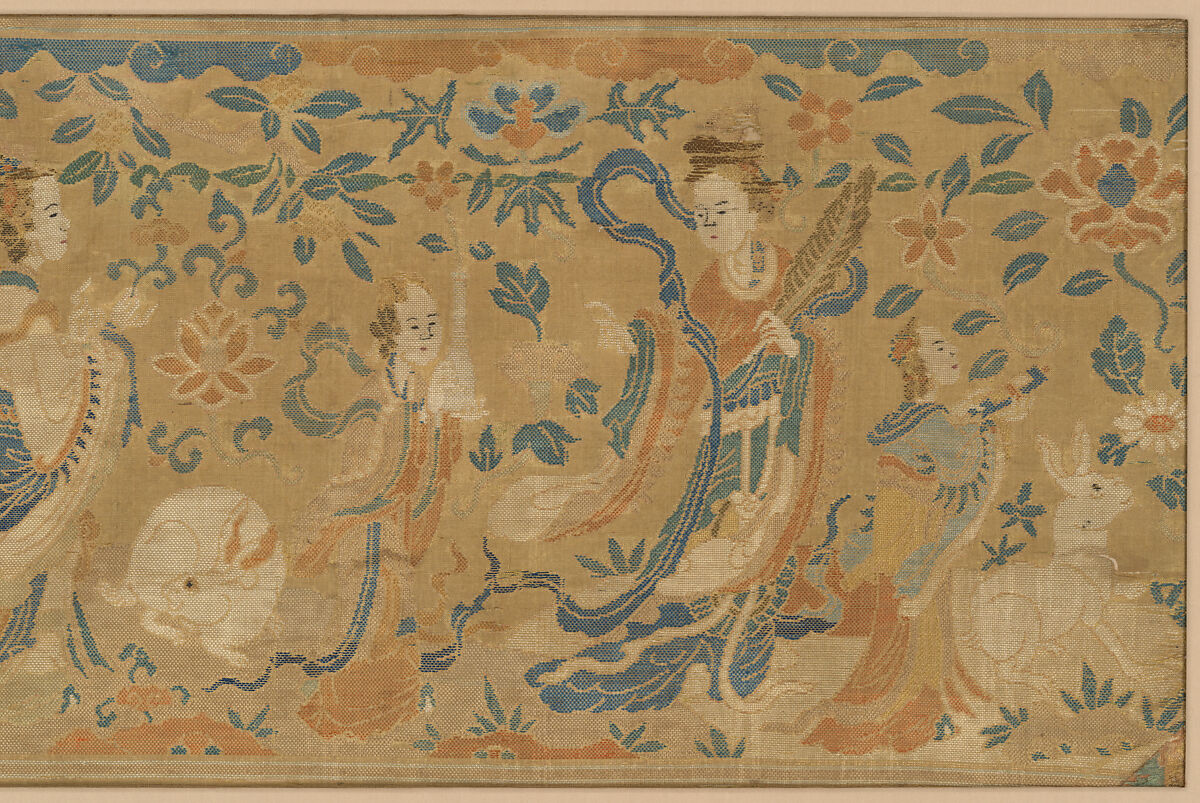 Panel with the moon goddess and attendants, Plain weave silk brocaded with metal thread, China