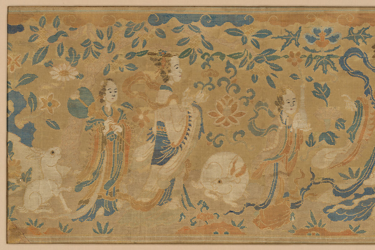 Panel with the moon goddess and attendants, Plain weave silk brocaded with metal thread, China