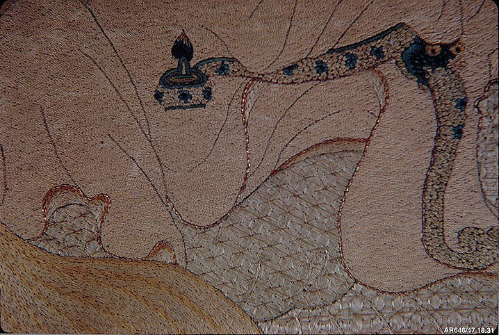 Bodhisattva Guanyin Riding a White Lotus Petal, Silk and metallic thread embroidery on woven silk, China