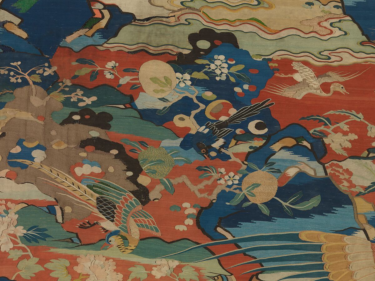 Panel with a Phoenix and Birds in a Rock Garden, Silk and metal thread tapestry (kesi), China