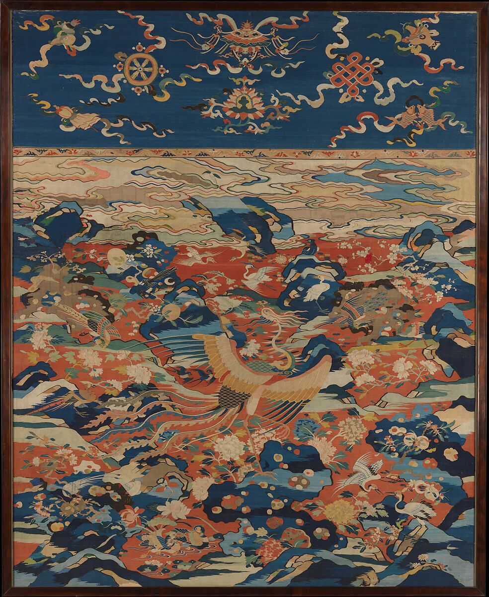 Panel with a Phoenix and Birds in a Rock Garden, Silk and metallic thread tapestry (kesi), China