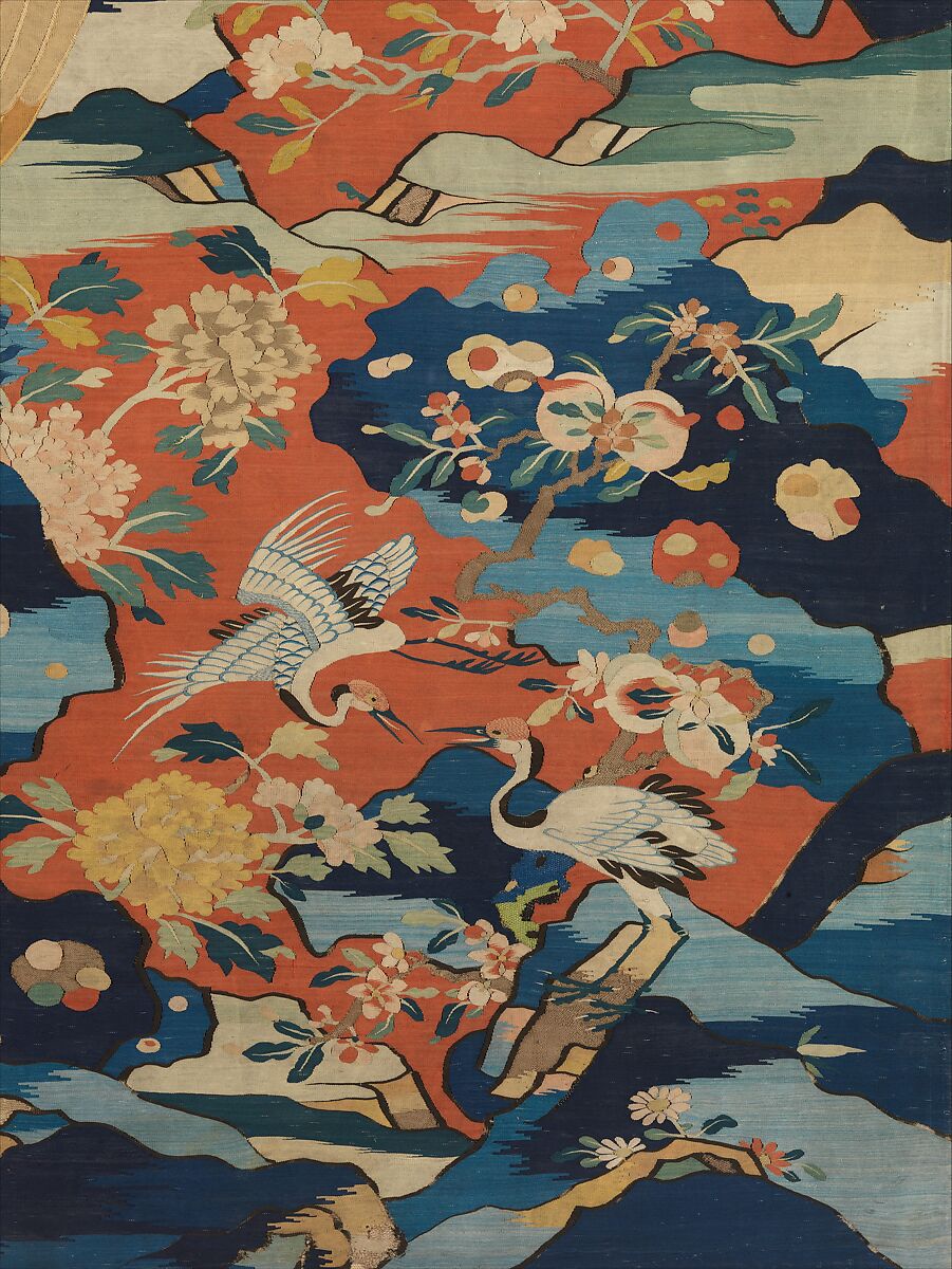 Panel with a Phoenix and Birds in a Rock Garden, Silk and metal thread tapestry (kesi), China