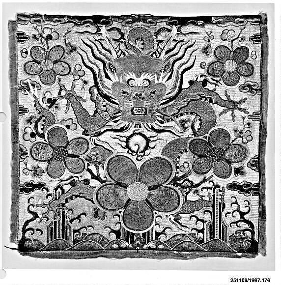 Badge with Five-Clawed Dragon Surrounded by Plum Blossoms, Silk and metallic-thread embroidery on plain-weave silk, China 