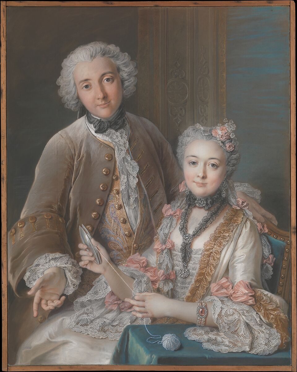 François de Jullienne (1722–1754) and Marie Elisabeth de Jullienne (Marie Elisabeth de Séré de Rieux, 1724–1795), Charles Antoine Coypel (French, Paris 1694–1752 Paris), Pastel, black chalk, watercolor, and traces of black chalk underdrawing on four joined sheets of handmade blue laid paper, mounted on canvas and adhered to a keyed stretcher 