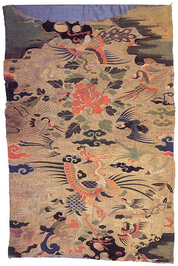 Panel (Kesi) with a Phoenix and Other Birds, Silk, gilt paper, feathers, China 