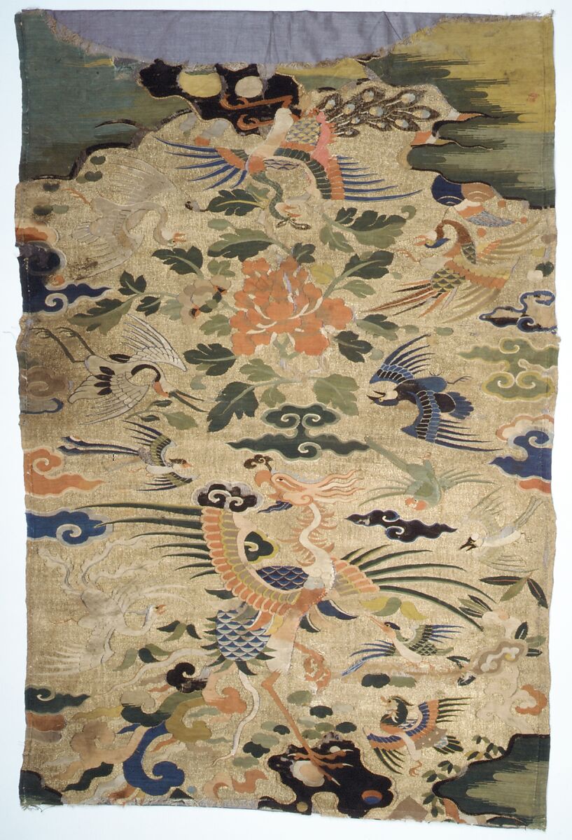 Panel (Kesi) with a Phoenix and Other Birds, Silk, gilt paper, feathers, China