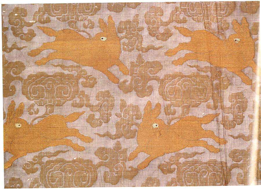 Panel with Rabbits amid Clouds, Simple gauze and plain weave silk with supplementary metal thread brocade patterning, China
