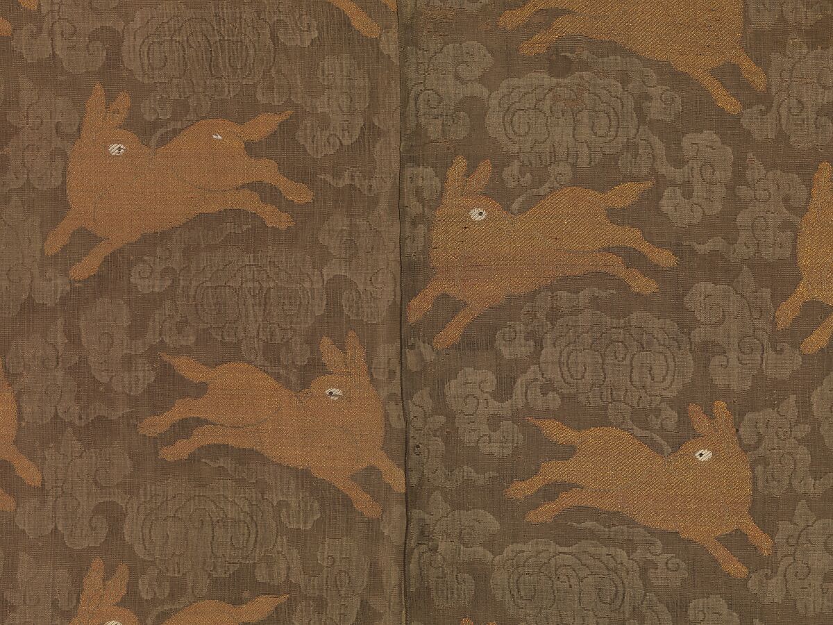 Panel with Rabbits amid Clouds, Simple gauze and plain weave silk with supplementary metal thread brocade patterning, China