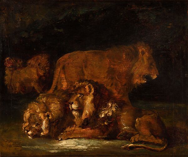 Lions in a Mountainous Landscape, Théodore Géricault (French, Rouen 1791–1824 Paris), Oil on wood