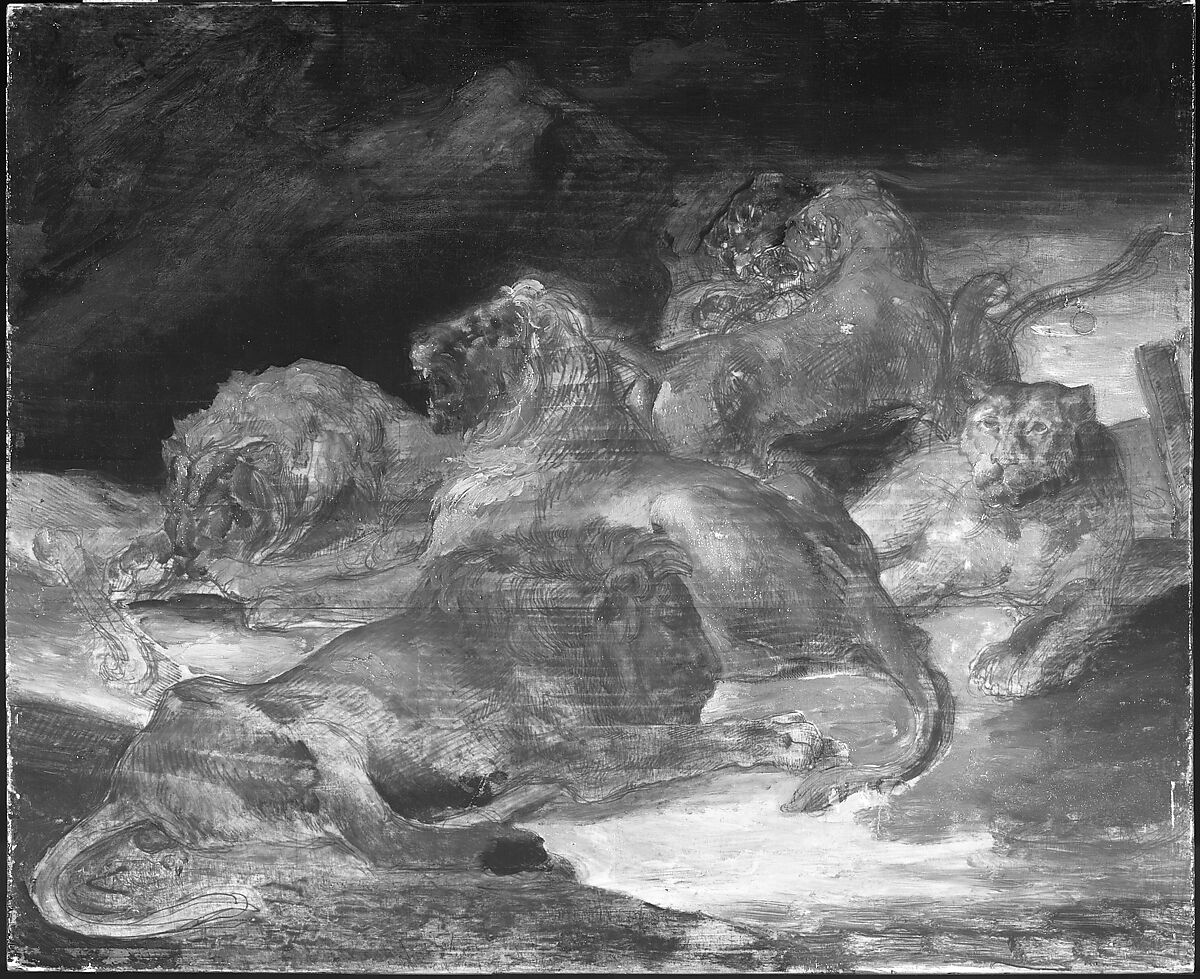 Lions in a Mountainous Landscape, Théodore Géricault (French, Rouen 1791–1824 Paris), Oil on wood