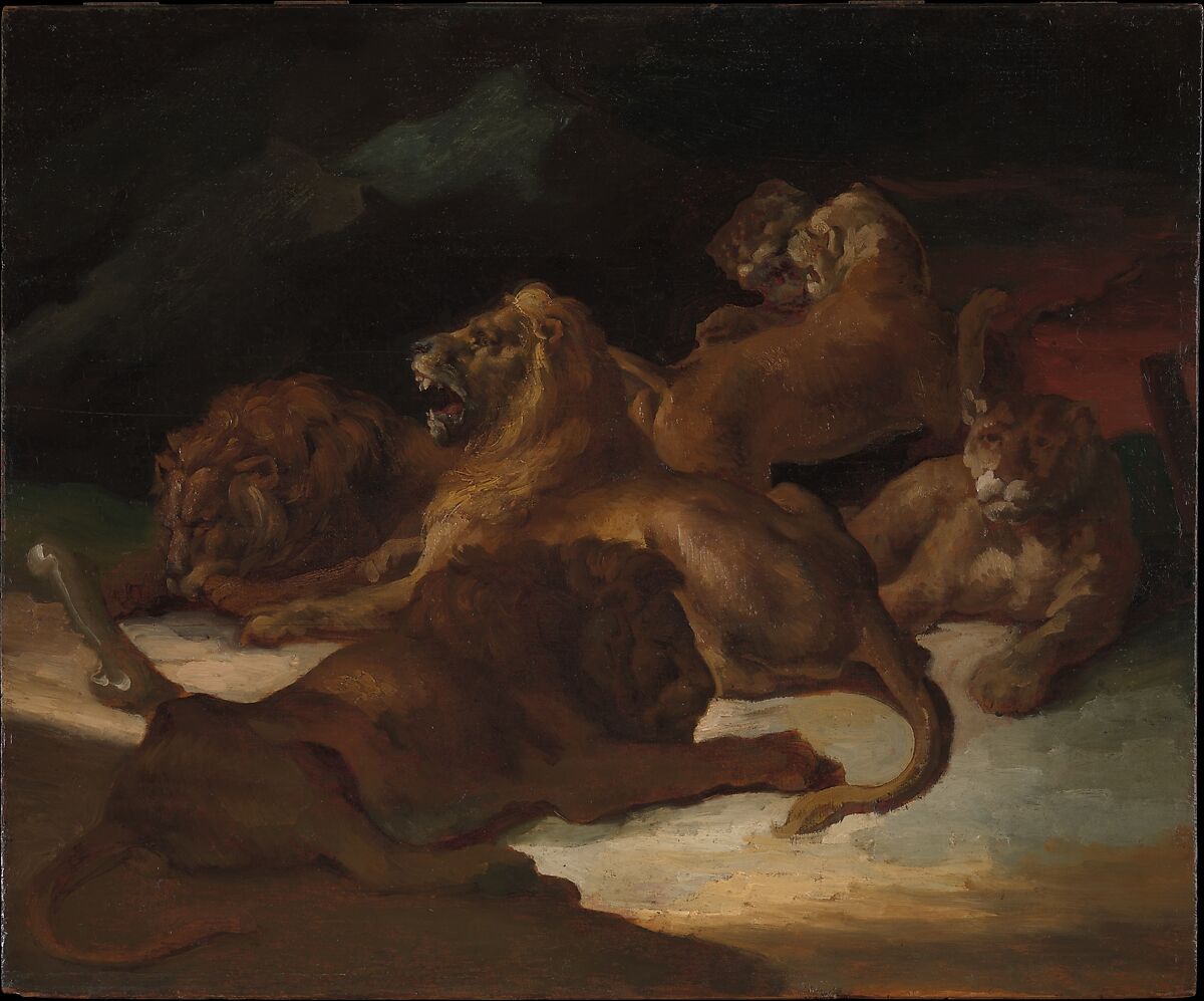 Lions in a Mountainous Landscape, Théodore Gericault (French, Rouen 1791–1824 Paris), Oil on wood 