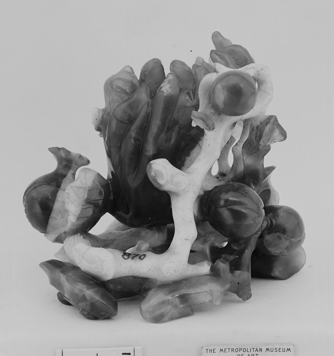 Buddha’s Hand Fruits with Peaches, Pomegranates, and Leaves of Fungus, Carnelian and white agate, China