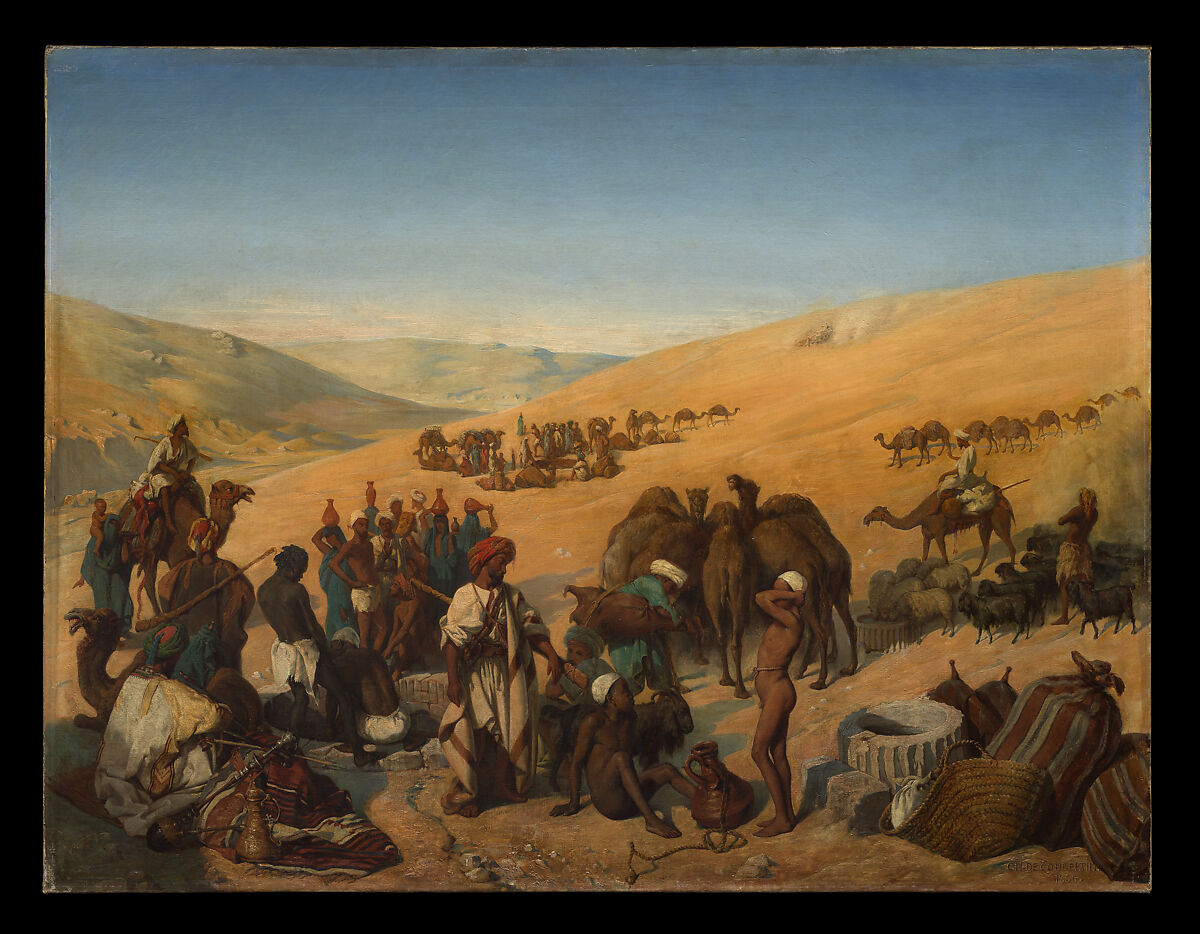 Halt of Caravans at the Wells of Saba (Beersheba) in the Desert South of Hebron, Charles de Coubertin (French, 1822–1908), Oil on canvas 