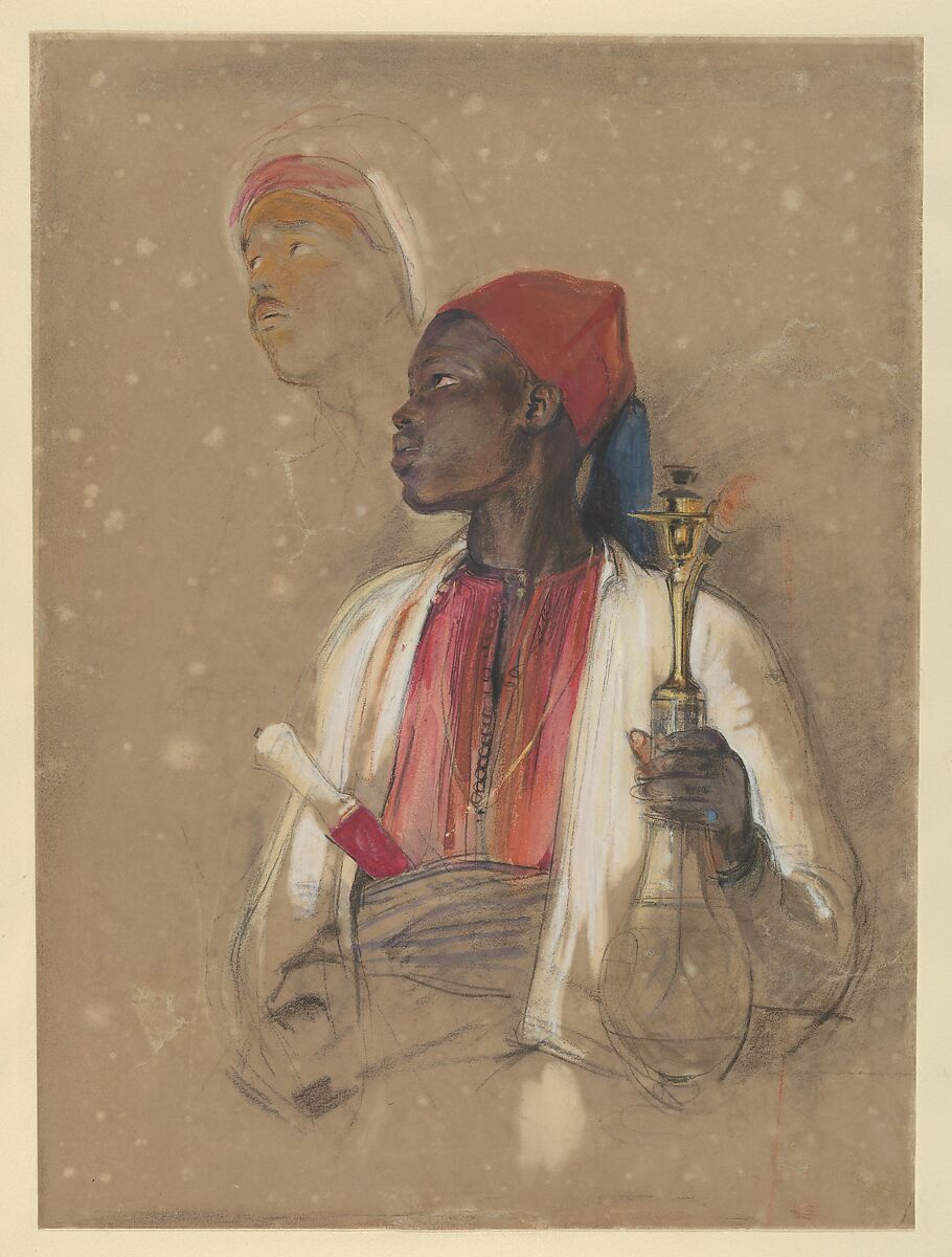 Study for "The Pipe Bearer", John Frederick Lewis (British, London 1804–1876 Walton-on-Thames), Watercolor, gouache (bodycolor) and black chalk on gray paper 