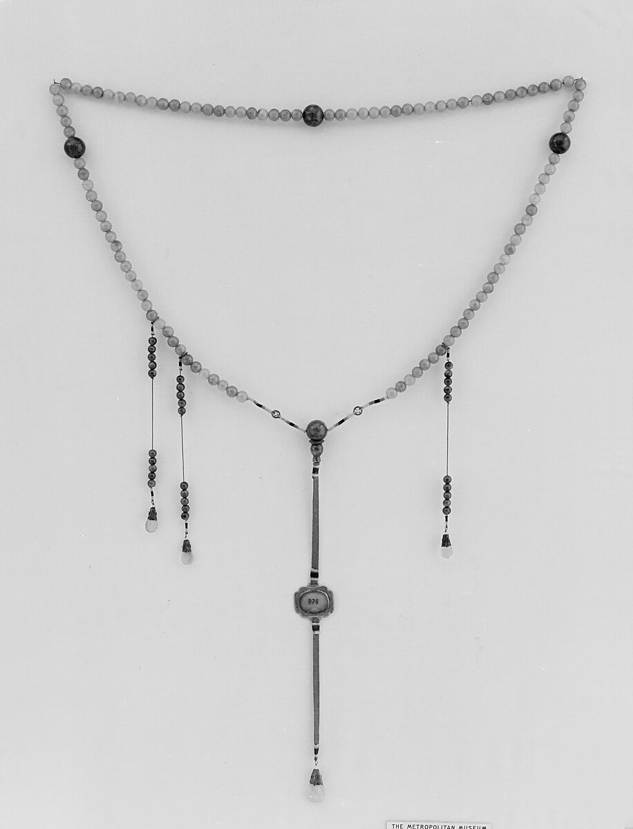 Official necklace (chaozhu), Rose quartz, agate, glass, silver, and silk ribbon, China 