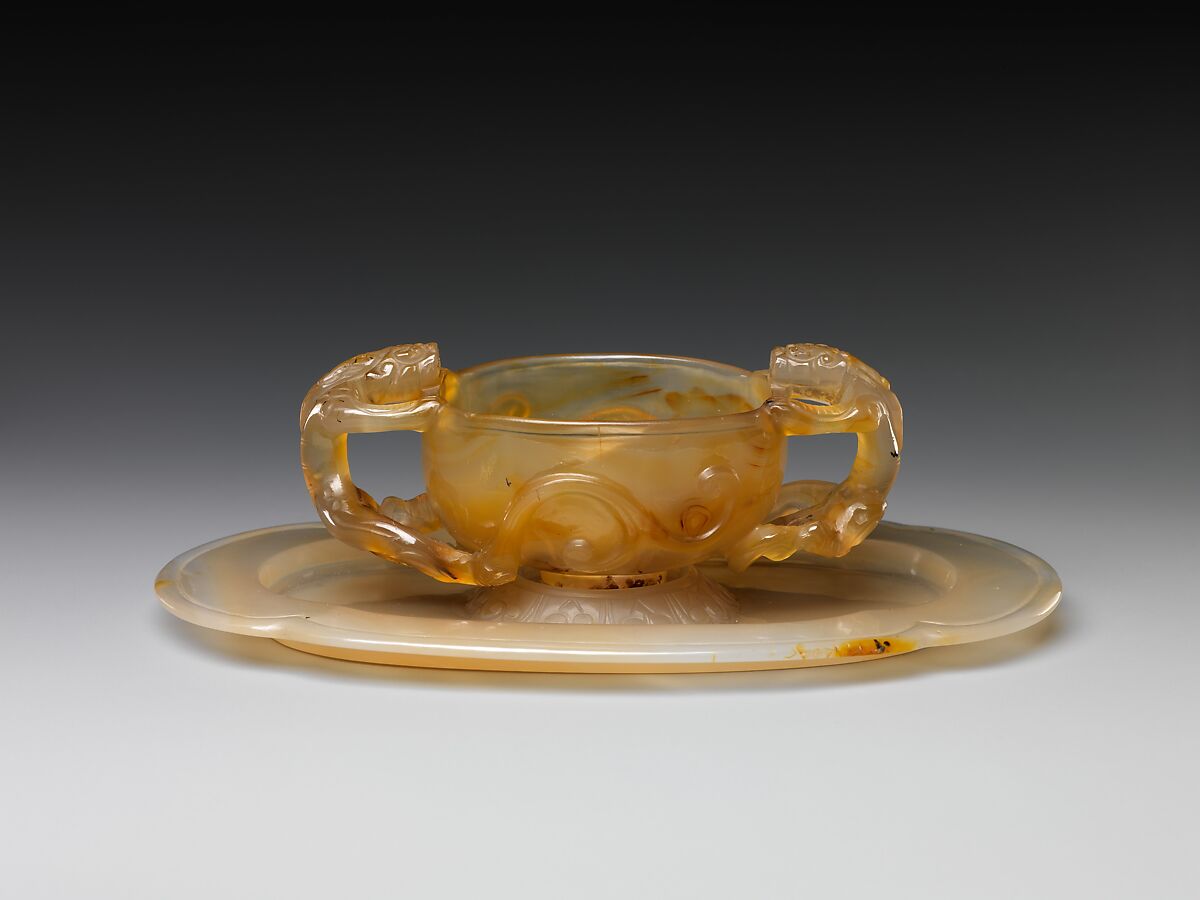 Cup with dragon handles and saucer, Chalcedony, China 