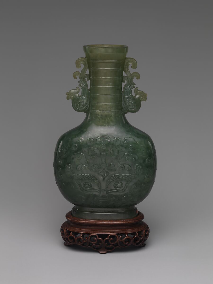 Vase with archaic designs, Green chalcedony, China