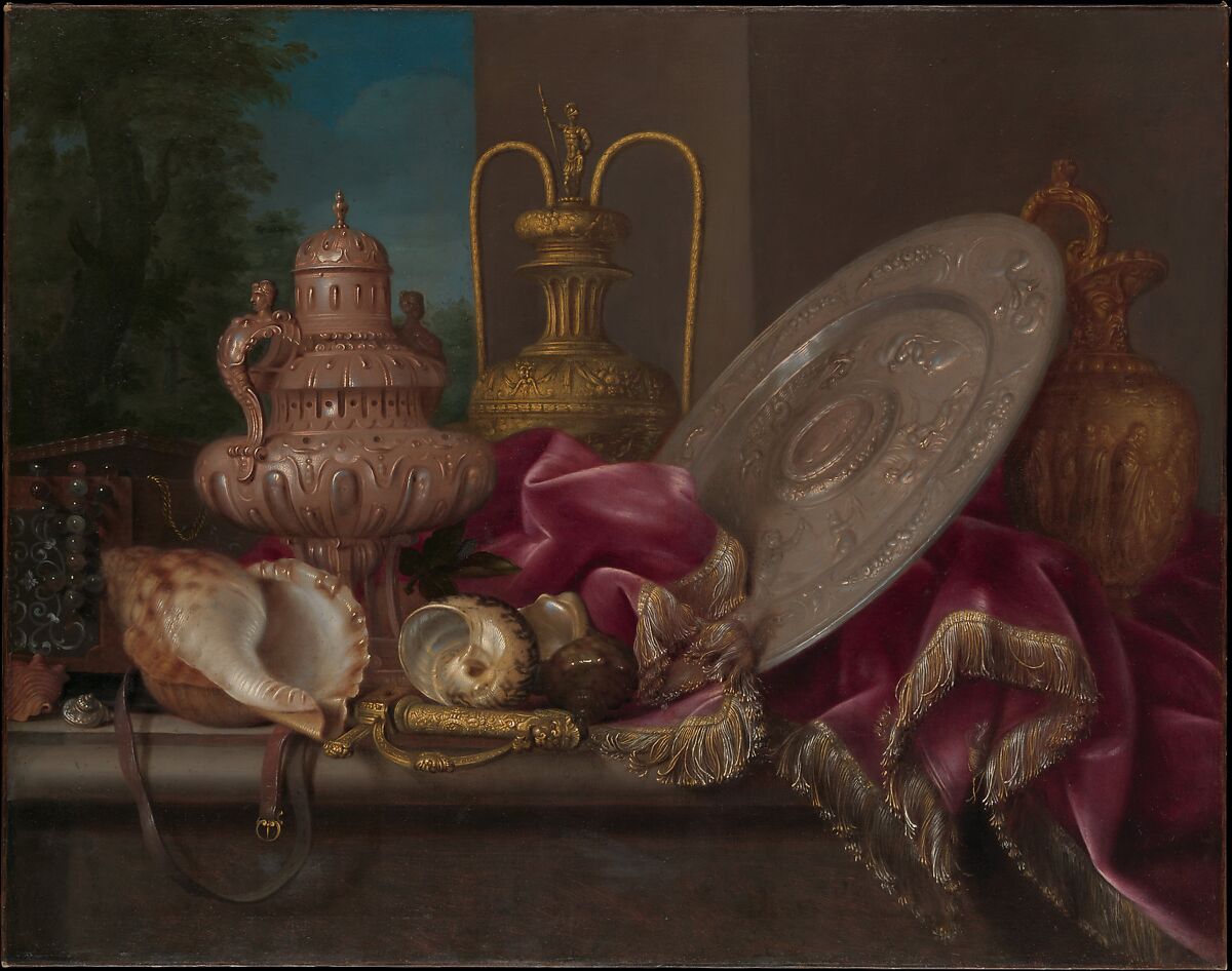 Still Life with Silver and Gold Plate, Shells, and a Sword, Meiffren Conte (French, Marseilles ca. 1630–1705 Marseilles), Oil on canvas 