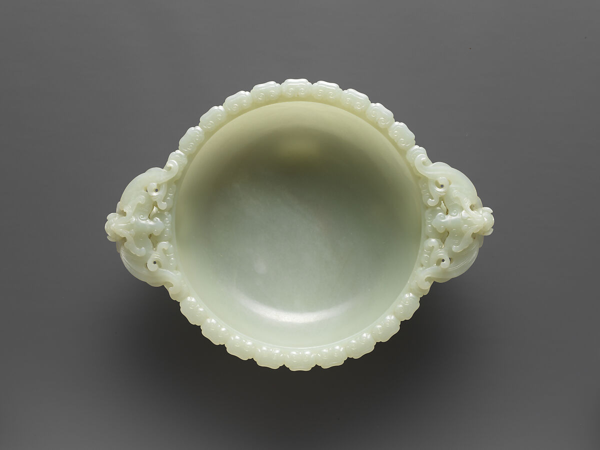 Bowl with handles, Nephrite, white with very light greenish tint, China