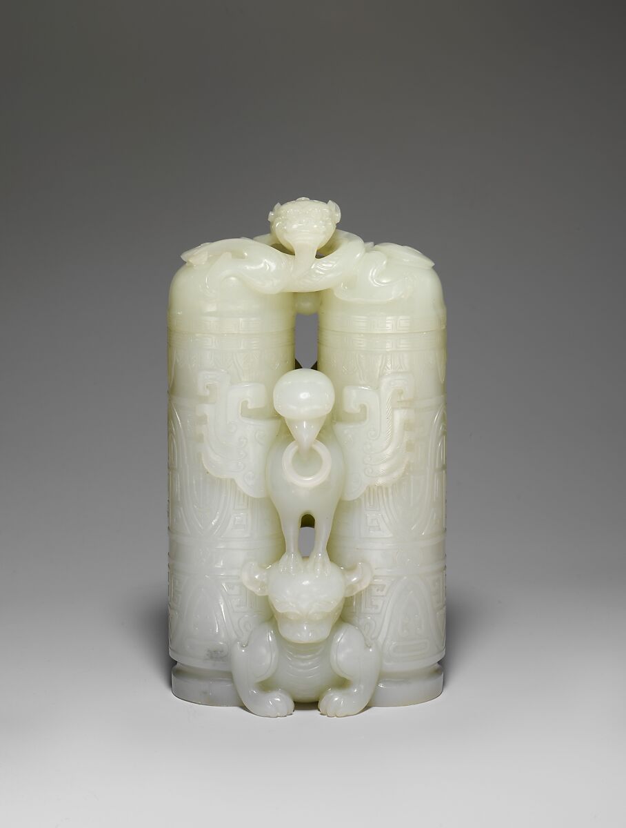 Double vessel with mythical beasts (champion vase), Jade (nephrite), China