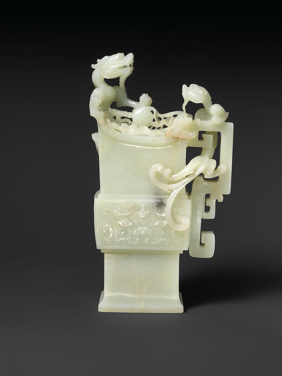 Archaic-style vase with dragons, Jade (nephrite), China