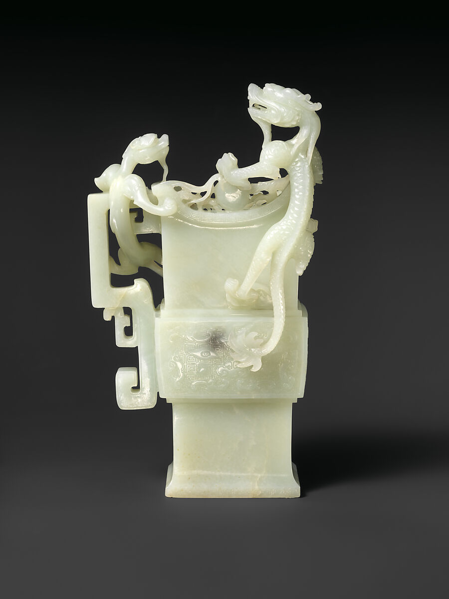 Archaic-style vase with dragons, Jade (nephrite), China 