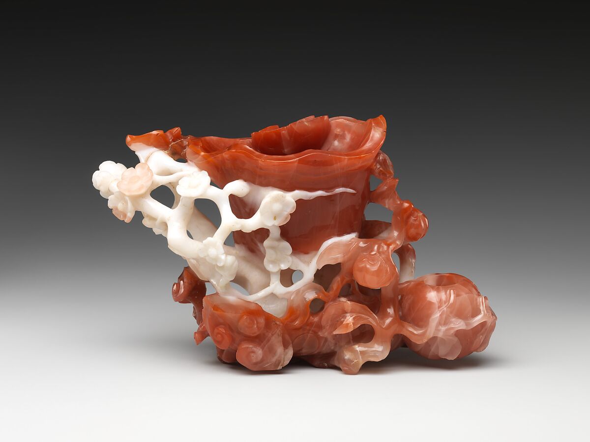 Flower holder with floral design, Carnelian and white agate, China