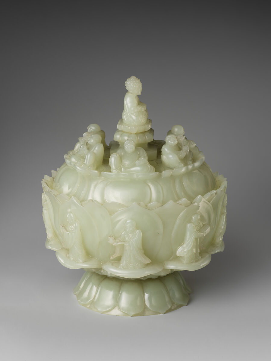 Lotus bowl with Buddha and arhats, Jade (nephrite), China