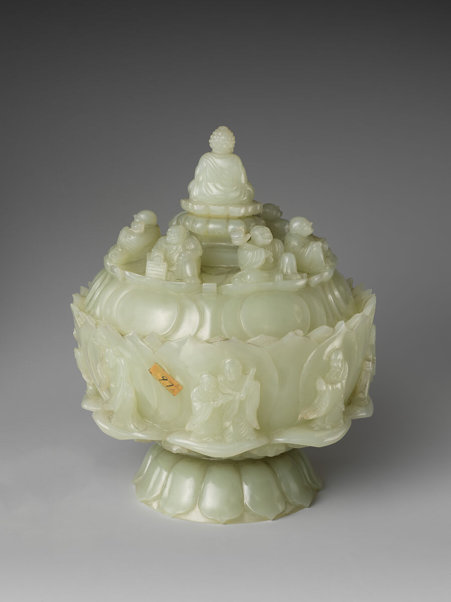 Lotus bowl with Buddha and arhats, Jade (nephrite), China