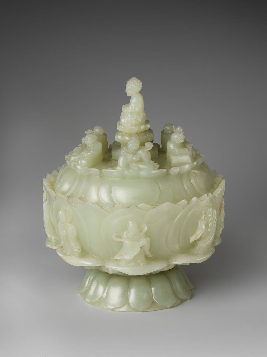Lotus bowl with Buddha and arhats, Jade (nephrite), China