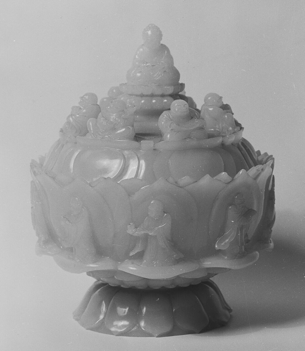 Lotus bowl with Buddha and arhats, Jade (nephrite), China 