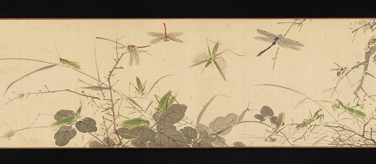 Insects and Grasses, Yamamoto Baiitsu (Japanese, 1783–1856), Handscroll; ink and color on silk, Japan