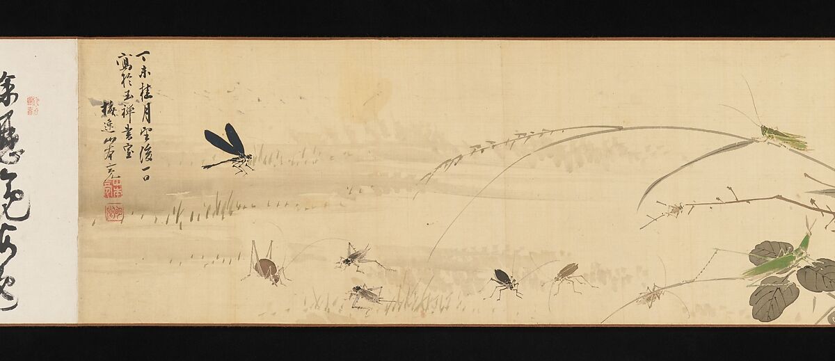 Insects and Grasses, Yamamoto Baiitsu (Japanese, 1783–1856), Handscroll; ink and color on silk, Japan