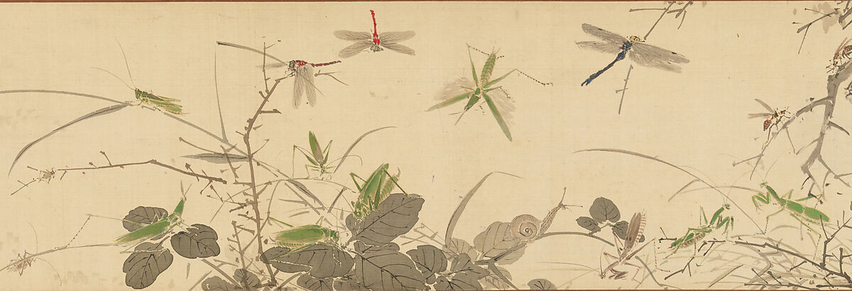 Insects and Grasses, Yamamoto Baiitsu (Japanese, 1783–1856), Handscroll; ink and color on silk, Japan 