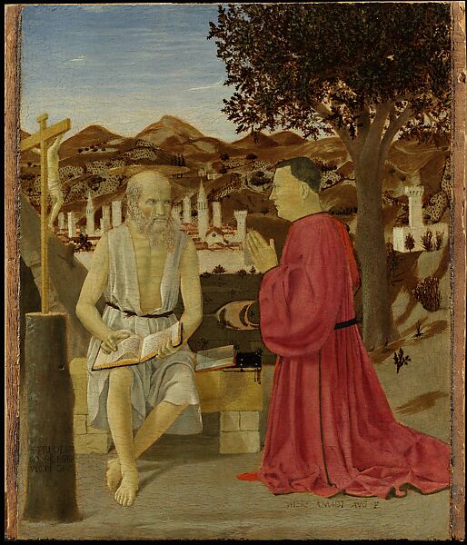 Saint Jerome and a Supplicant, Piero della Francesca (Italian, Sansepolcro ca. 1412–1492 Sansepolcro), Tempera and oil on wood 