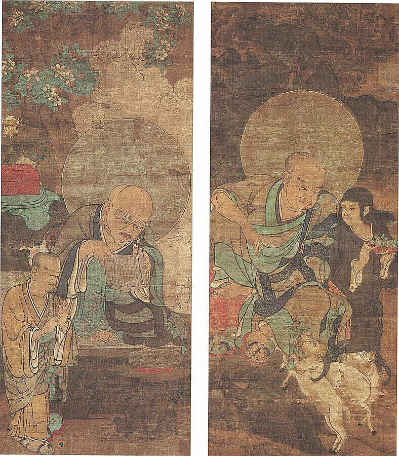 Rakan, Two hanging scrolls, from a set of sixteen; ink and color on silk, Japan 