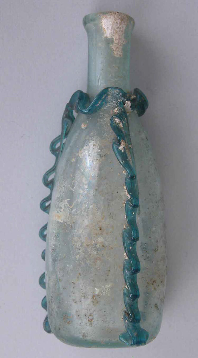 Bottle, Glass; free blown, applied decoration; tooled on the pontil 