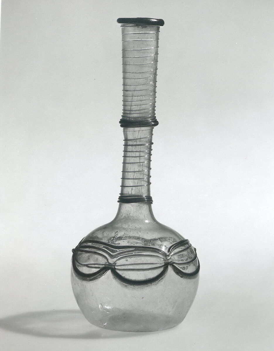 Bottle, Glass, bluish; blown, applied blue decoration
