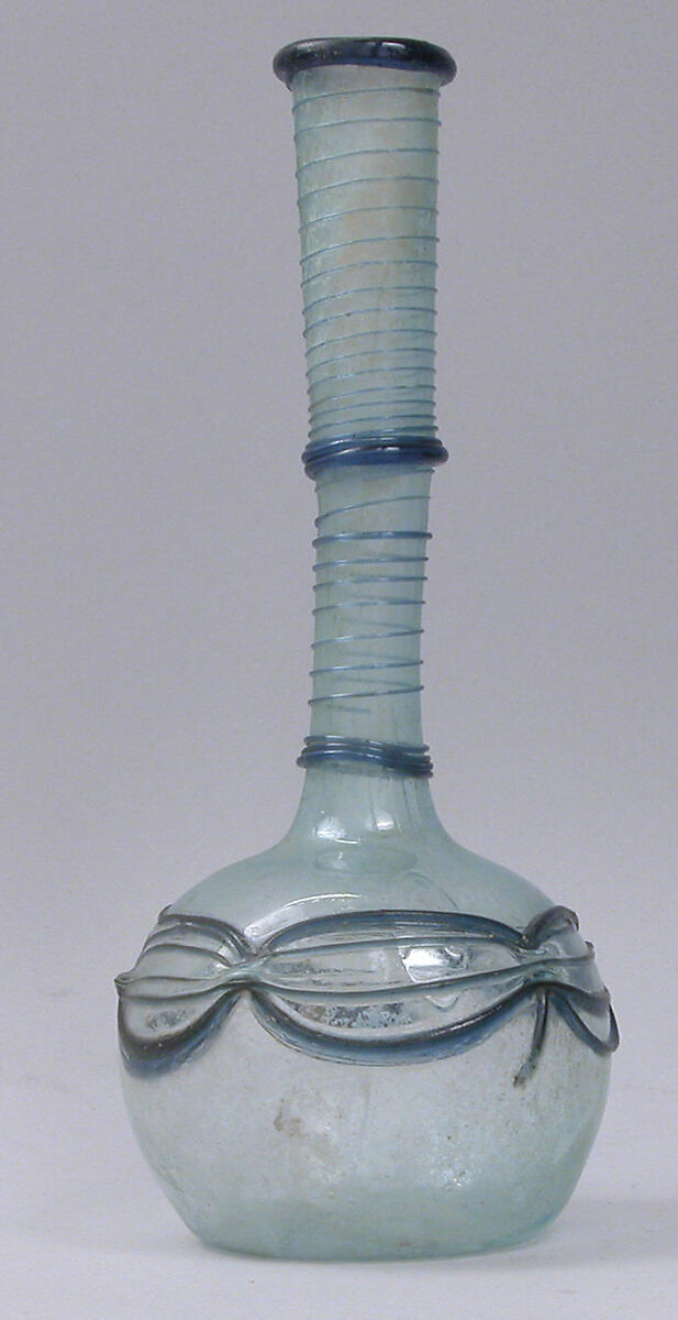 Bottle, Glass, bluish; blown, applied blue decoration