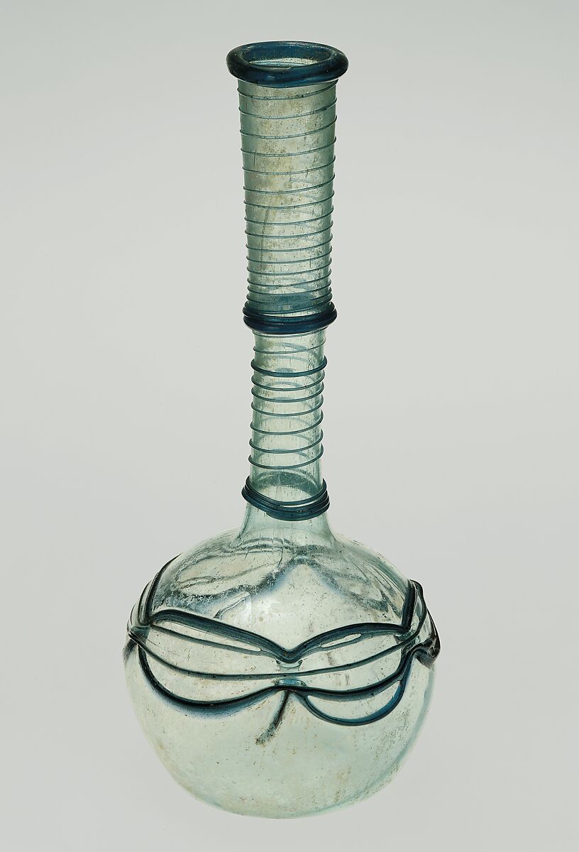 Bottle, Glass, bluish; blown, applied blue decoration