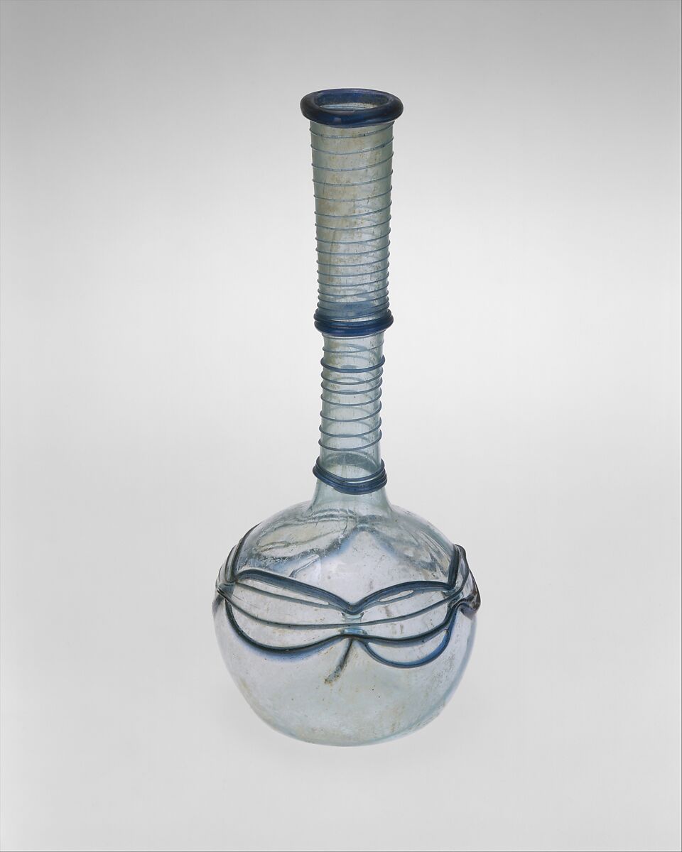 Bottle, Glass, bluish; blown, applied blue decoration