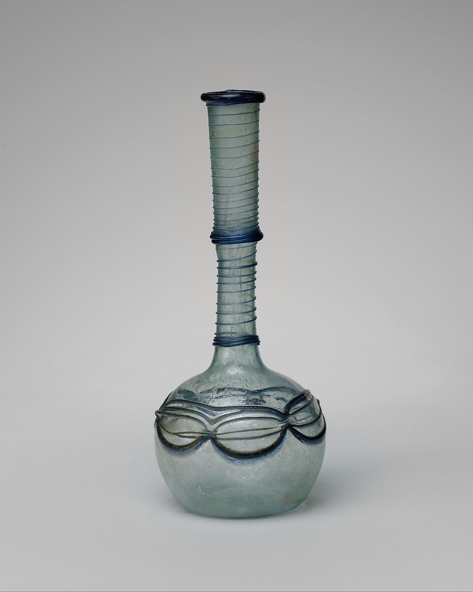 Bottle, Glass, bluish; blown, applied blue decoration 