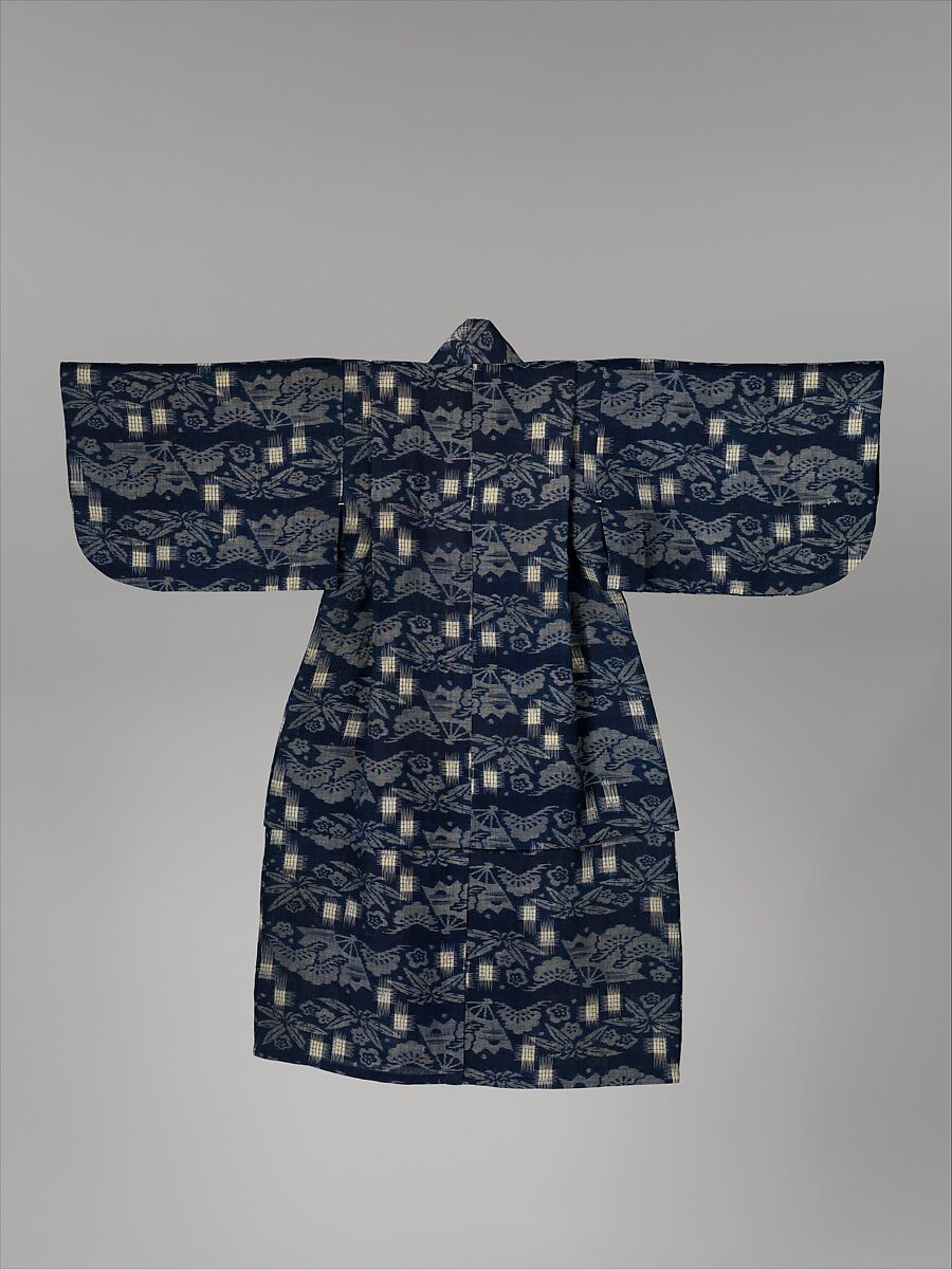 Child's Kimono with Pine, Bamboo, Plum Blossoms, and Fans, Ikat-patterned plain-weave bast fiber (asa), Japan 