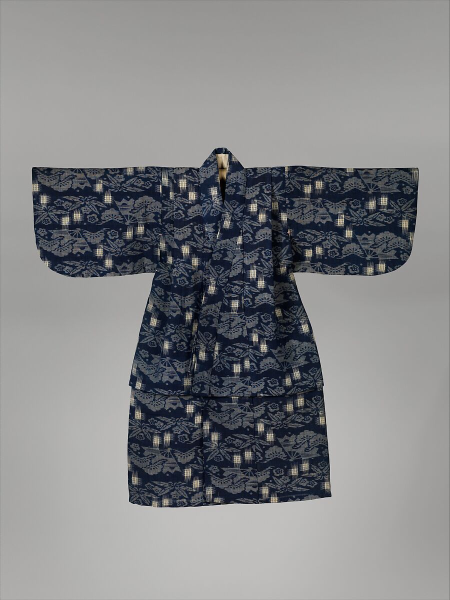 Child's Kimono with Pine, Bamboo, Plum Blossoms, and Fans, Ikat-patterned plain-weave bast fiber (asa), Japan