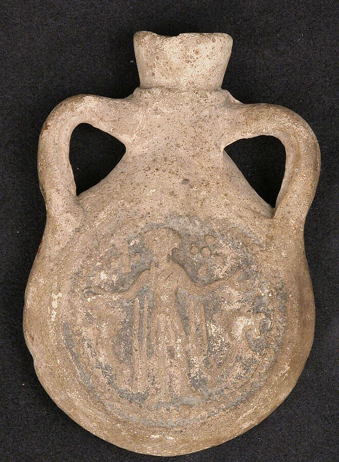 Pilgrim Flask with Saint Menas, Earthenware; unglazed