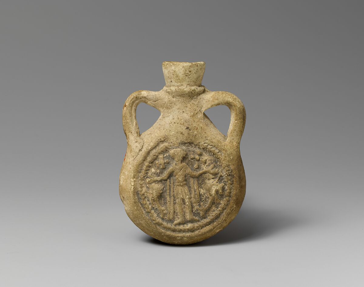 Pilgrim Flask with Saint Menas, Earthenware; unglazed
