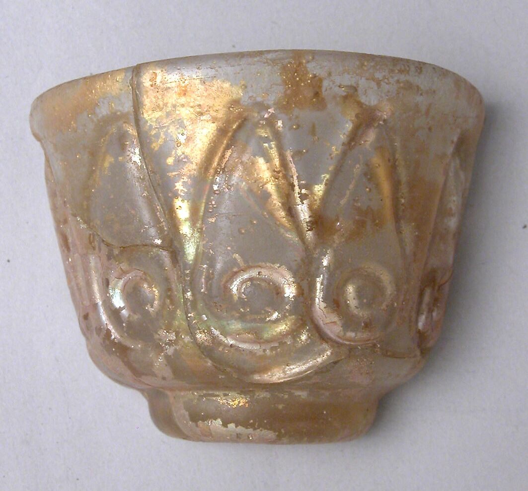 Fragmentary Cup with Molded Designs in the Beveled Style, Glass, colorless; blown, impressed with tongs 