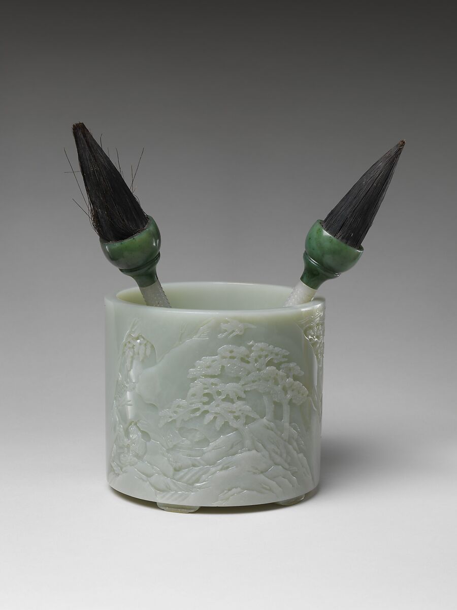 Brush holder with two brushes, Jade (nephrite), China 